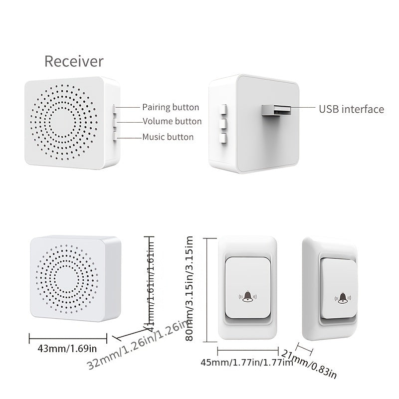 Wireless doorbell with 38 chime tunes, rechargeable, long-range remote control, and wall mount for home security.