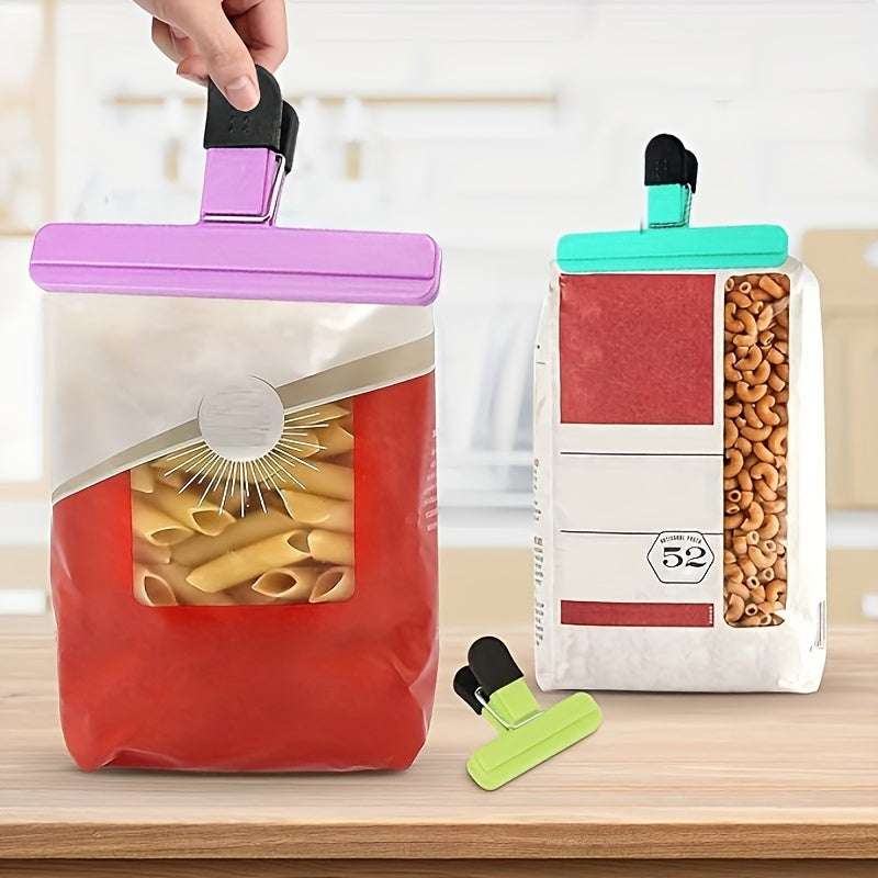 Food Bag Chip Clips in packs of 3, 6, 9, 12, 18, or 24. These heavy-duty clips seal bags tightly to keep food fresh and airtight. They are also moisture-proof and dust-proof, suitable for various plastic and snack bags. Use them to organize and store