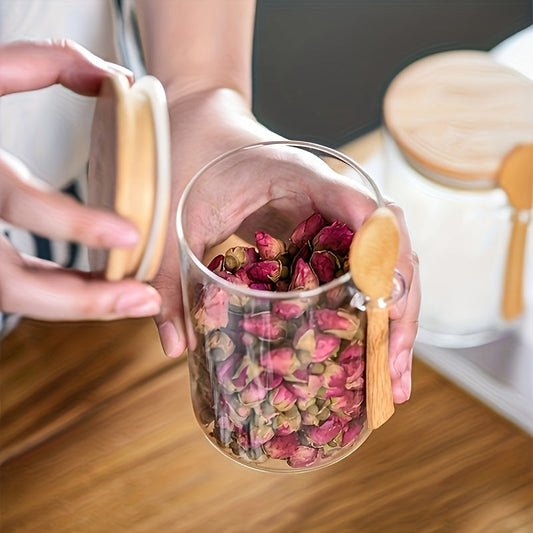 Multi-functional Glass Storage Jar and Wooden Spoon Set - Durable, Circular Container for Storing Tea, Coffee, Sugar, Candies, Cookies, Spices - Ideal for Home, Work or School