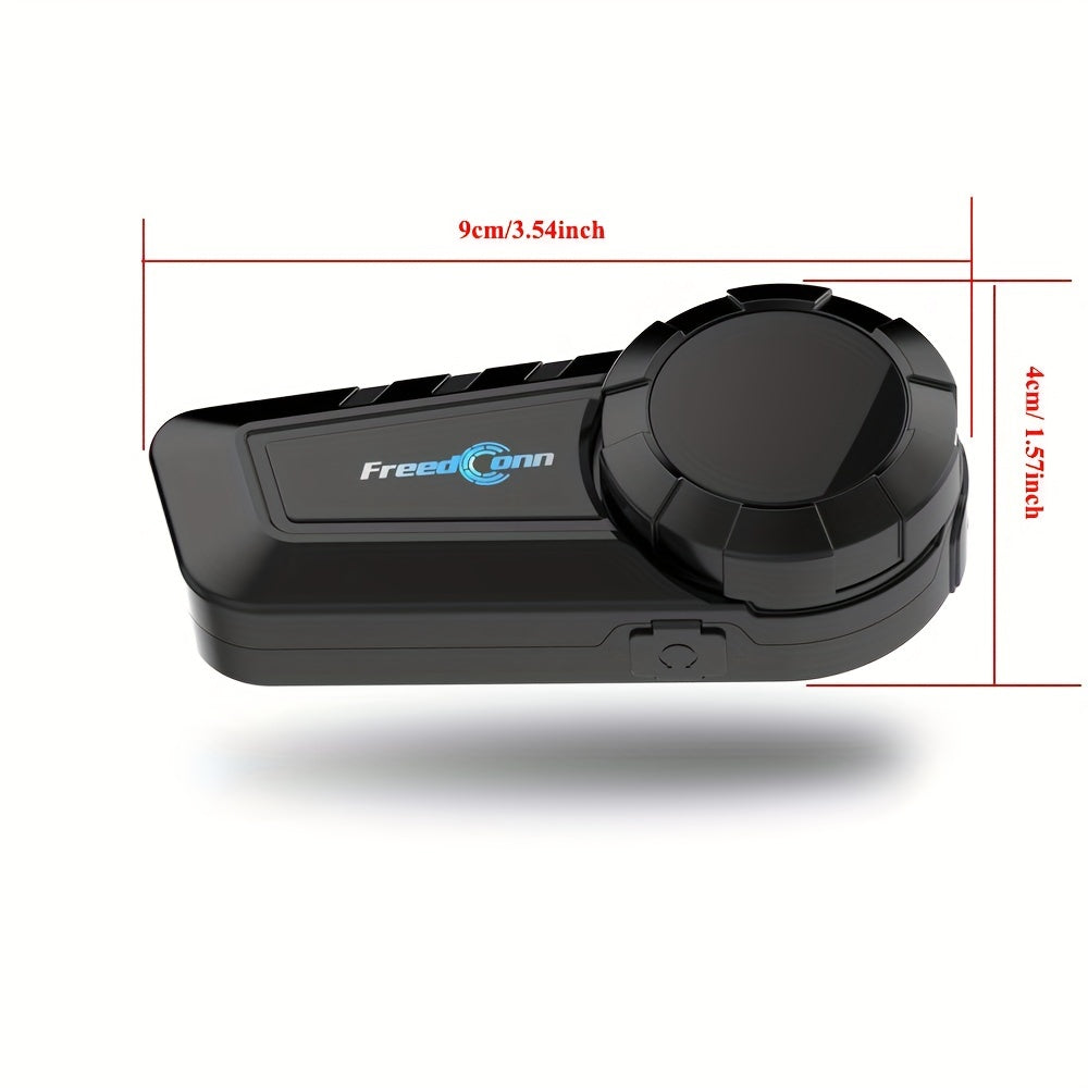 Freedconn KY Pro Motorcycle Intercom Helmet Headset for 6 riders with noise control, voice command, and walkie-talkie compatibility. Comes with USB charging cable.