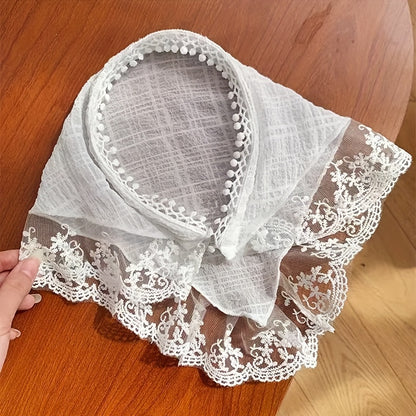 Chic lace knit triangle scarf doubles as sun protection headband for women, perfect for summer style.