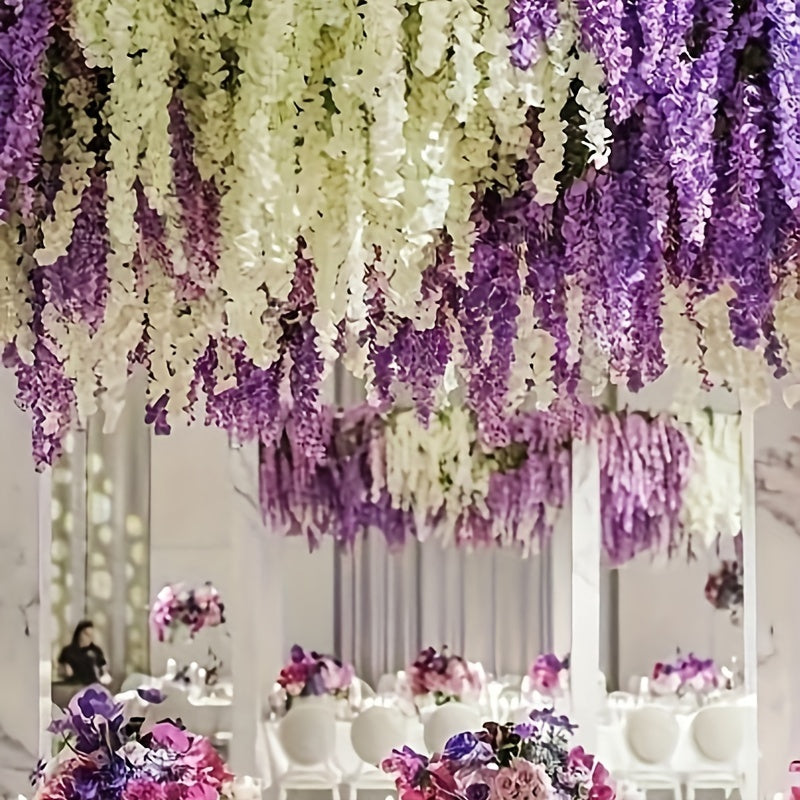 12 artificial wisteria garlands bring garden style to wedding parties and outdoor ceremonies without feathers.