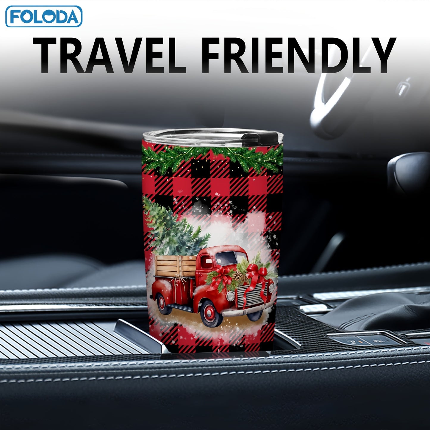 FOLODA 20oz insulated stainless steel tumbler with lid is ideal for running and sports. Features a Christmas Red Truck design, perfect for holiday gifts.