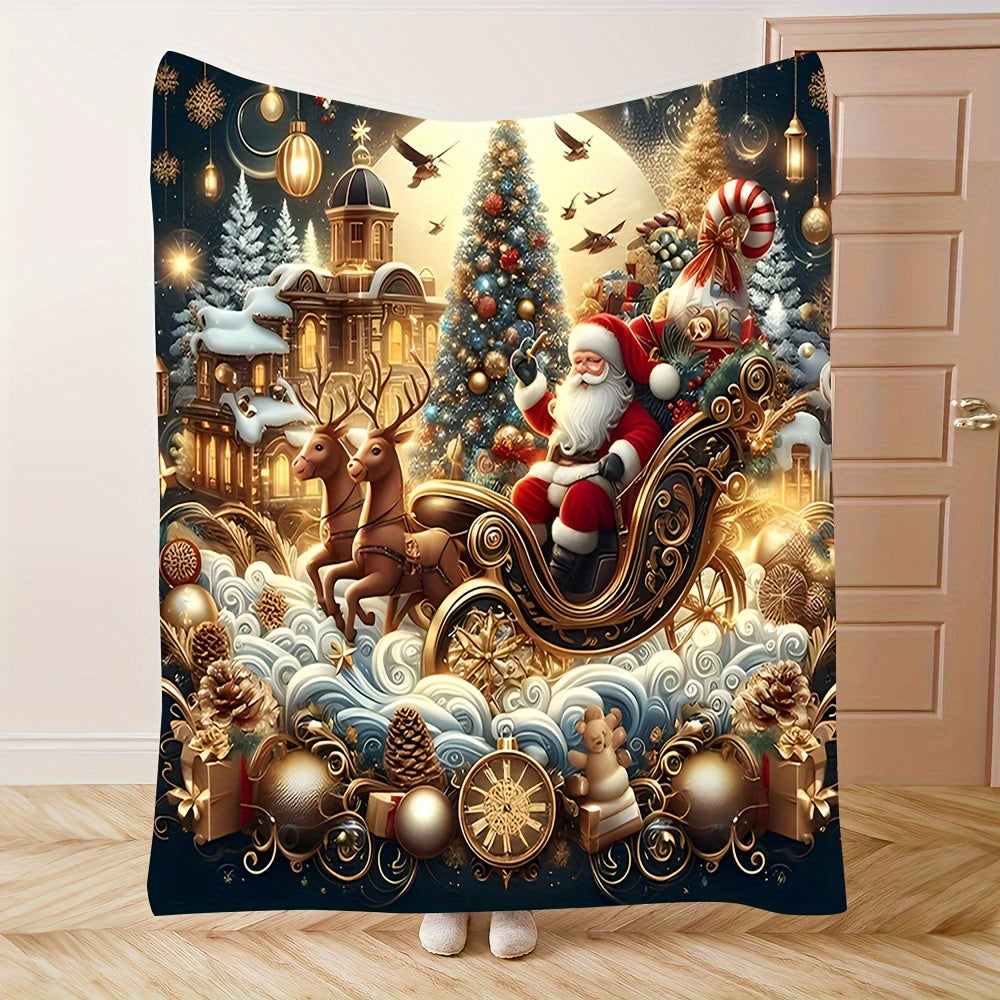 Vintage Style Christmas Santa Sleigh and Tree Flannel Fleece Throw Blanket - Soft, Cozy, Perfect for Sofa, Bed, Office, or Travel - All-Season Multipurpose Gift, Easy to Clean, Durable, Polyester Material, Quilted Design, Lightweight and Warm.