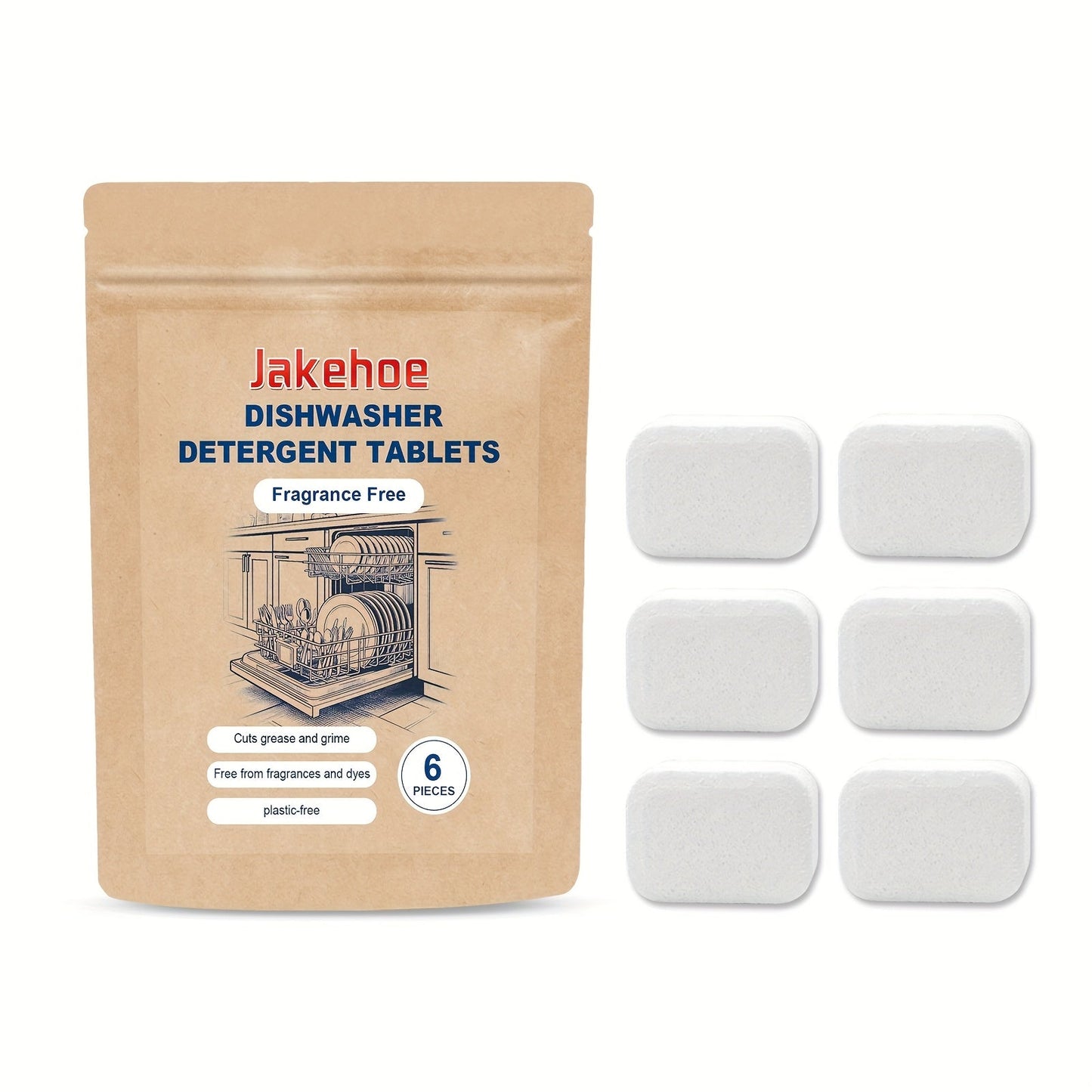 The Jakehoe 6-Count Dishwasher Detergent Tablets are formulated with sodium bicarbonate for safe cleaning of metal surfaces. These tablets provide residue-free cleaning and efficient stain removal while also acting as an odor eliminator. With a capacity