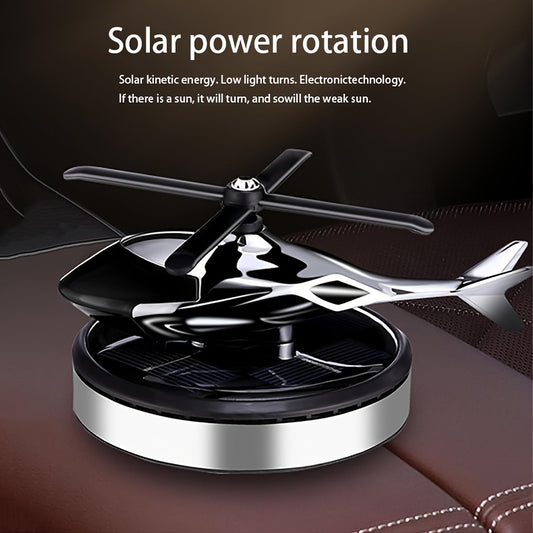 Solar-powered helicopter air freshener with rotating aluminum alloy aroma diffuser, paired with paper fragrance sheets for long-lasting scent. Silver car decoration that does not require