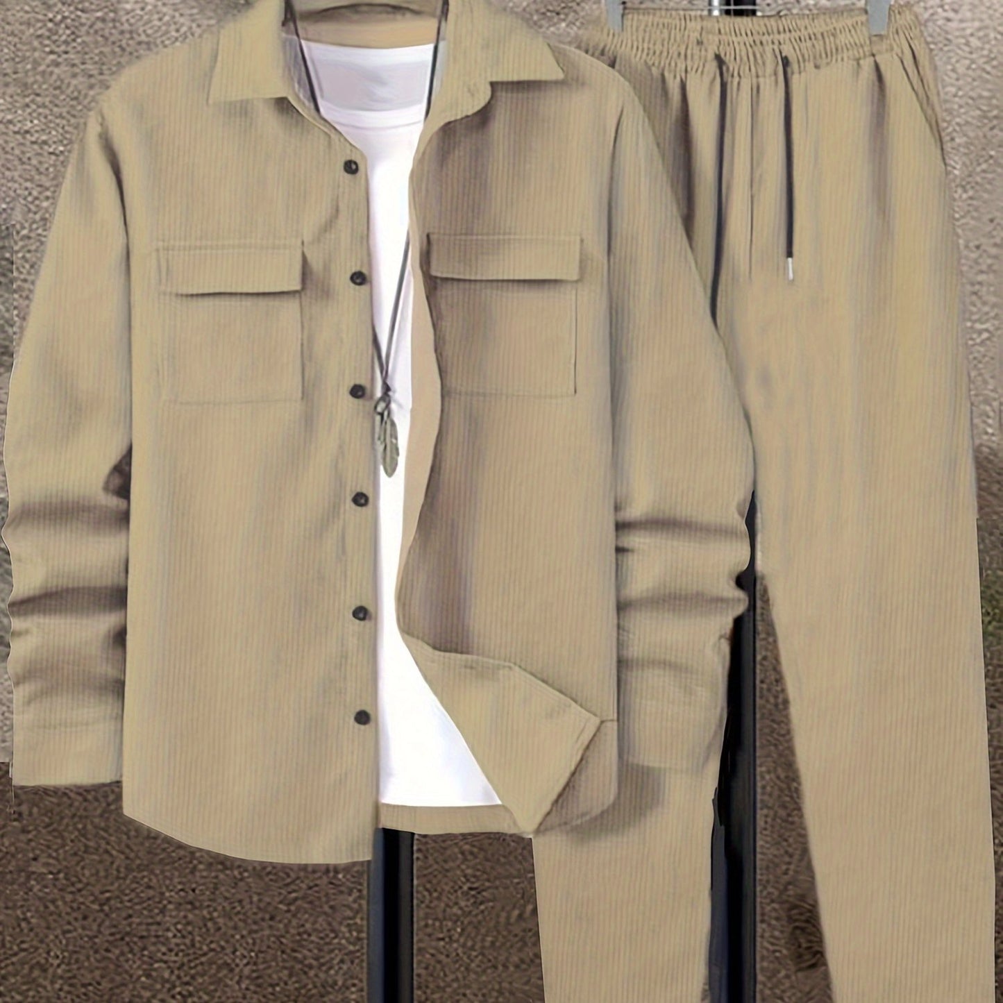 Men's corduroy suit with long sleeve shirt and pants.