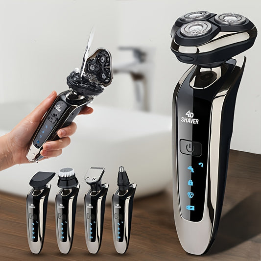 Get a smooth shave anywhere with CHIN 4D electric shaver for men. This shaver includes nose and sideburn trimmers, face cleaning brush, stainless steel blades, and is USB rechargeable.