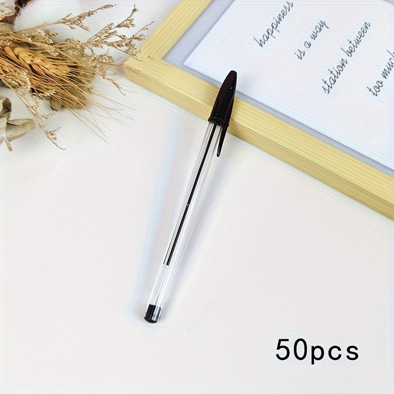 50 transparent round rod quick-drying ballpoint pens with black ink for office and school use.