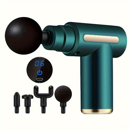 Portable massage gun with LCD display and USB rechargeability, featuring 6 vibration speeds and 4 accessories. Suitable for sports and outdoor use, a great gift idea for the holidays.