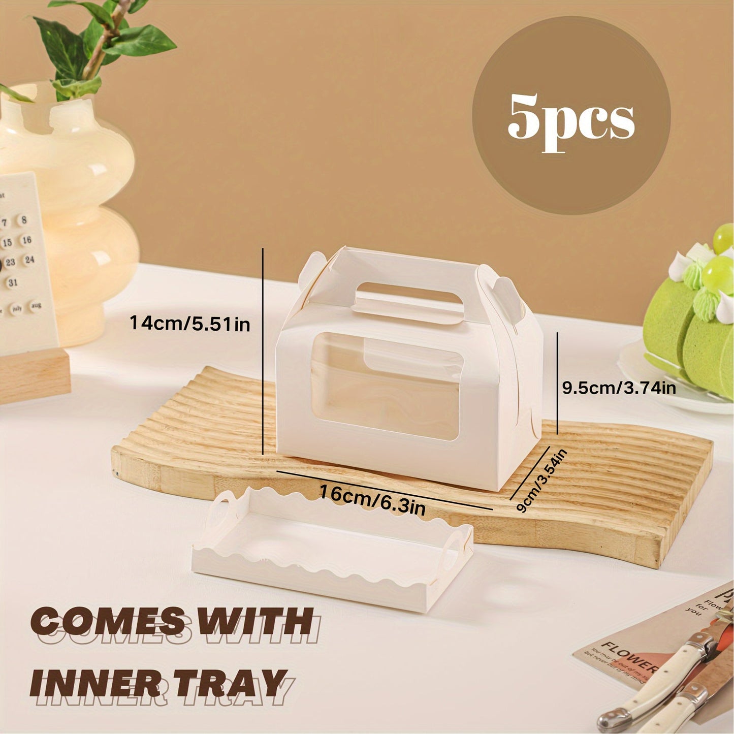 Get 5 or 10 pieces of portable cake boxes in 2 sizes, featuring a window to display your treats. These white paper cardboard bakery boxes are perfect for Swiss rolls, pastries, cupcakes, muffins, cookies, pies, and more. Use them for gift wrapping or as