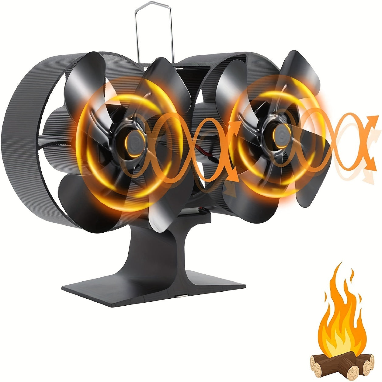 PANDAFAUCET Aluminum Dual Head 8-Blade Heat Powered Stove Fan - Portable Fireplace Fan with Application Control, Polished Finish, Toggle Switch - Wood Log Burner and Large Room Air Circulation - No Electricity Required