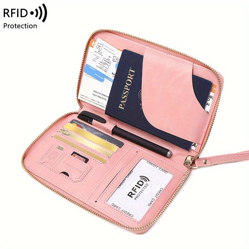 Brown PU travel wallet with RFID blocking for passports, cards, tickets, and IDs. Zipper closure and wrist strap, compact design with multiple compartments for secure organization.