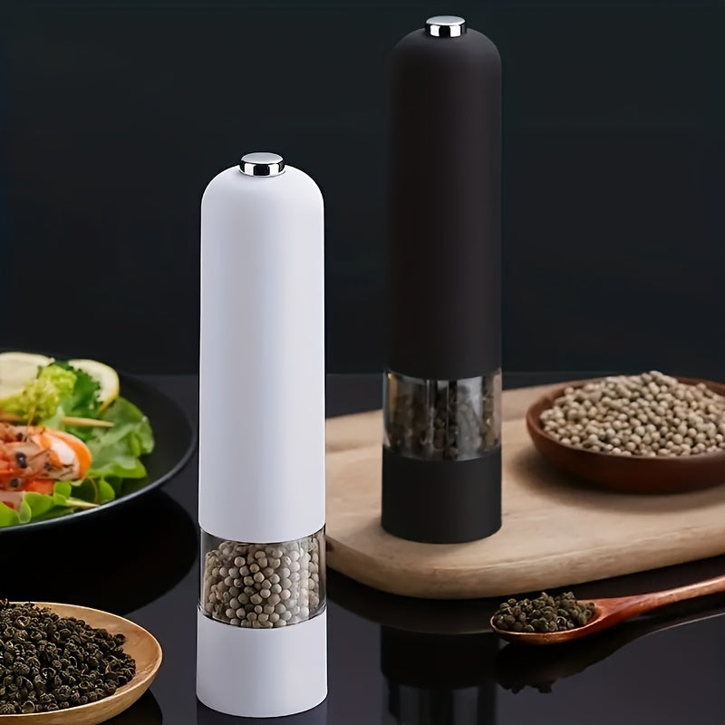 Automatic electric salt and pepper grinder set with adjustable coarseness, ideal for cooking and BBQs.