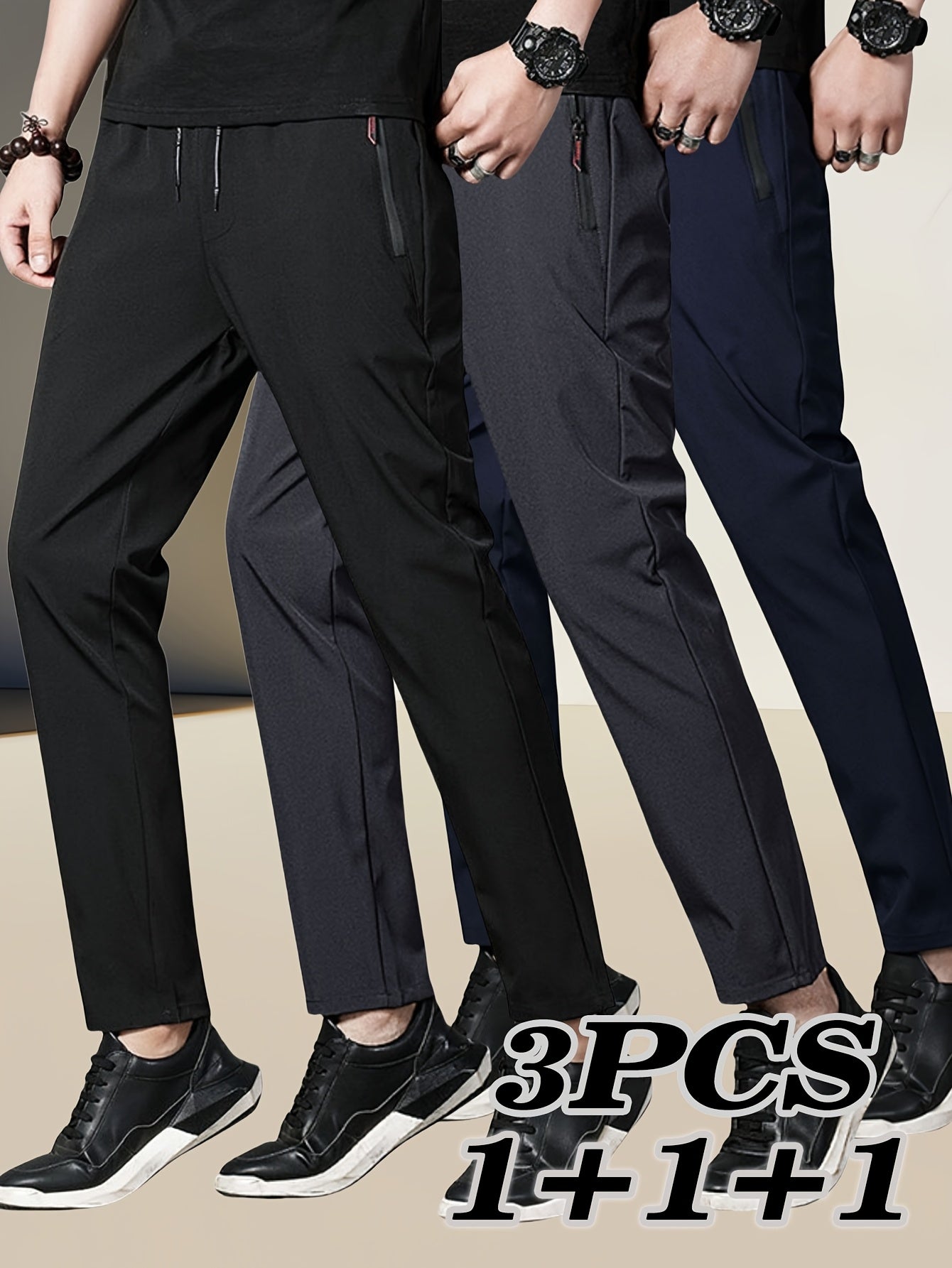 3pcs Men's Plus Size Casual Joggers - Comfortable, Stretchy Polyester Sweatpants for Spring & Summer. Machine Washable.