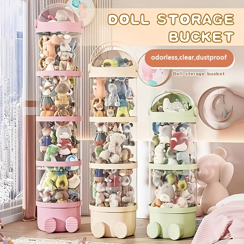 Waterproof round plastic doll storage bucket ideal for organizing dolls, stuffed animals, and puppets - great gift idea for Christmas or Halloween.