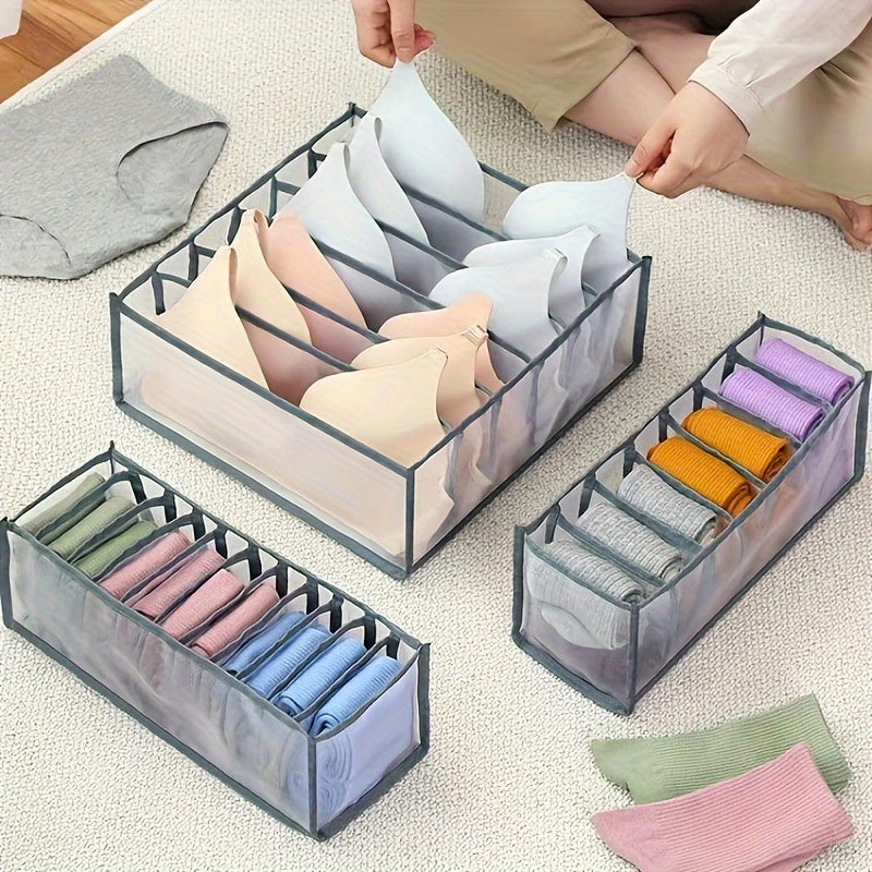 Underwear storage box with three compartments fitting socks and panties, drawer-style organizer for closet.