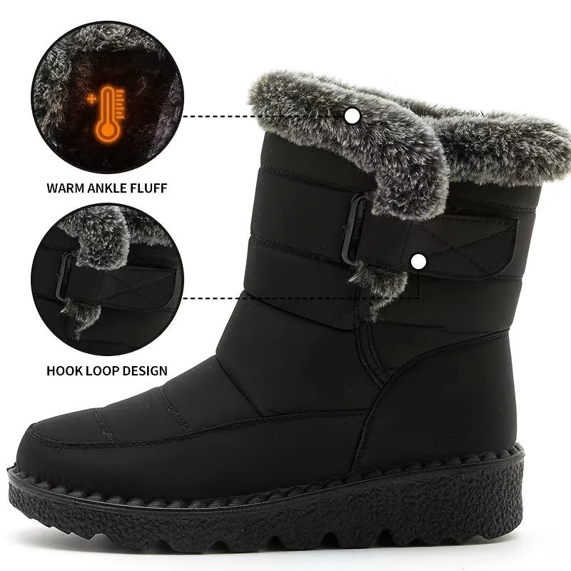 Women's cozy winter snow boots with warm fleece lining, waterproof features, thick traction sole, non-slip, black color. Ideal for outdoor adventures.