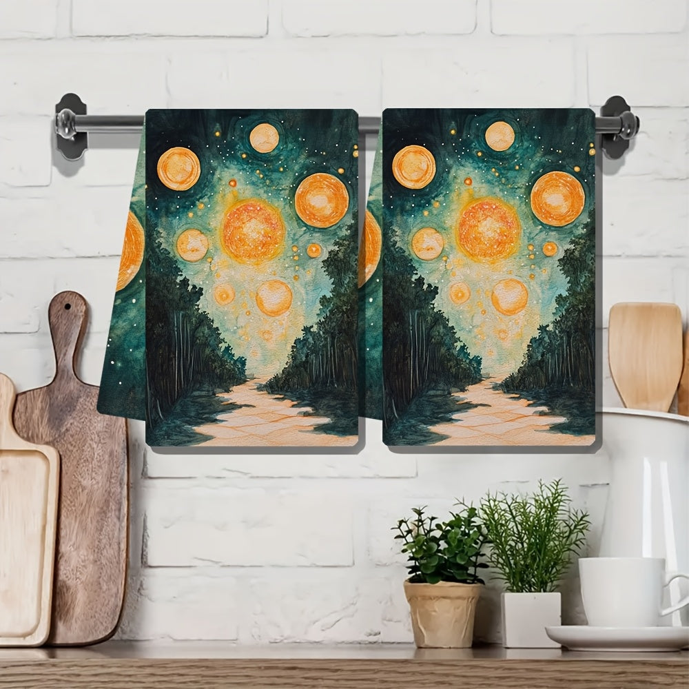 2 sets of luxurious kitchen towels featuring Signalis Star System artwork. These highly absorbent and machine washable dish hand towels measure 40.64x60.96 cm, making them perfect for holiday decor and everyday use. Elevate your kitchen with these