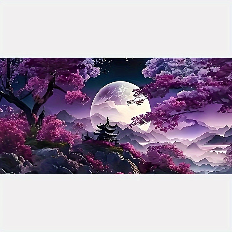 5D Diamond Painting Kit, Modern Abstract Landscape Water Diamond Art with Moon and Tree on Purple Background, for Adults, 70X40cm.