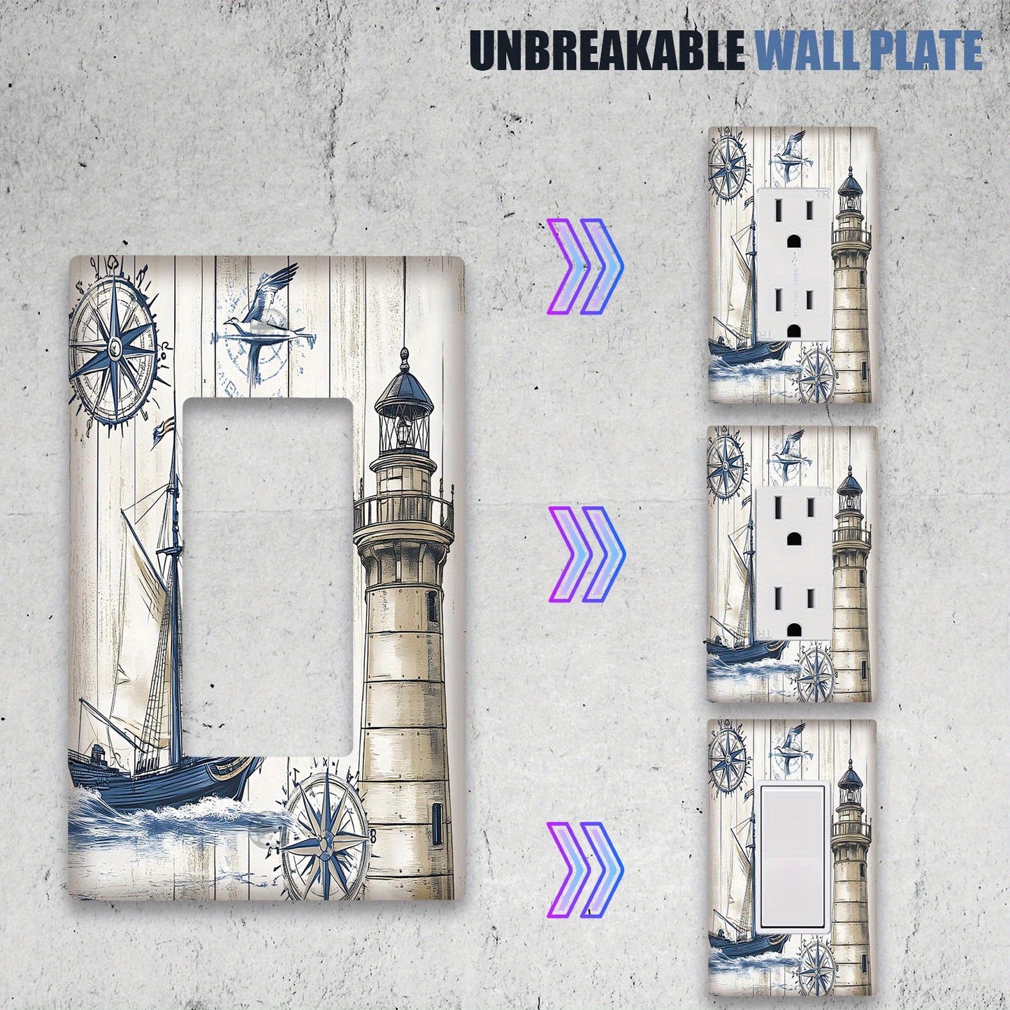 Nautical sailboat lighthouse print switch plate cover for easy-to-clean home decor, available in 1-gang or 2-gang sizes.