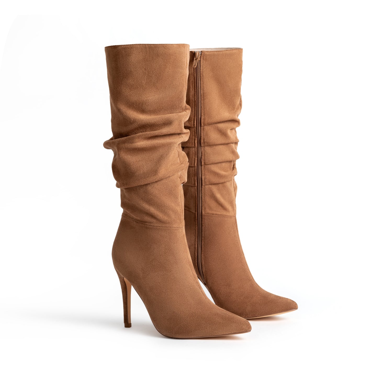 Pleated design long boots for women with point toe and stylish side zipper.