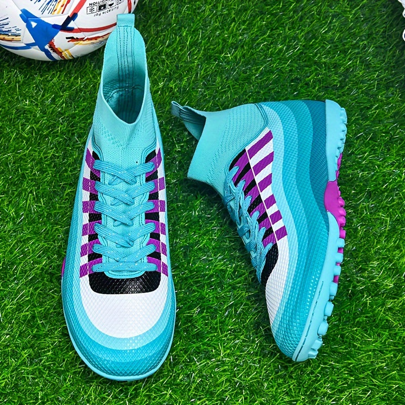 Men's trendy high top TF soccer shoes, durable and breathable for outdoor training and competition.