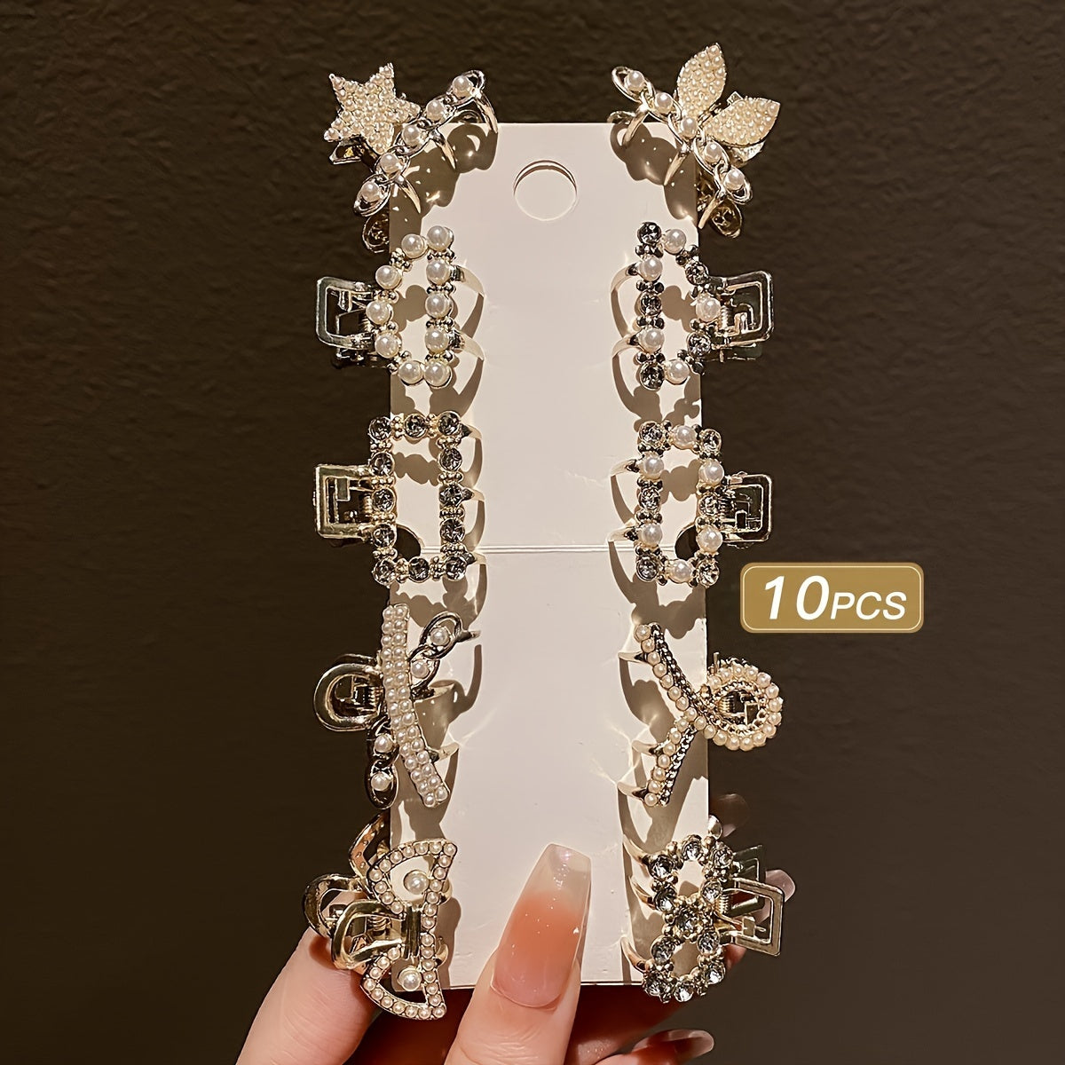 Hair gripper set of 10 small alloy mini hair catchers with rhinestone accents, perfect for princess hairstyles.