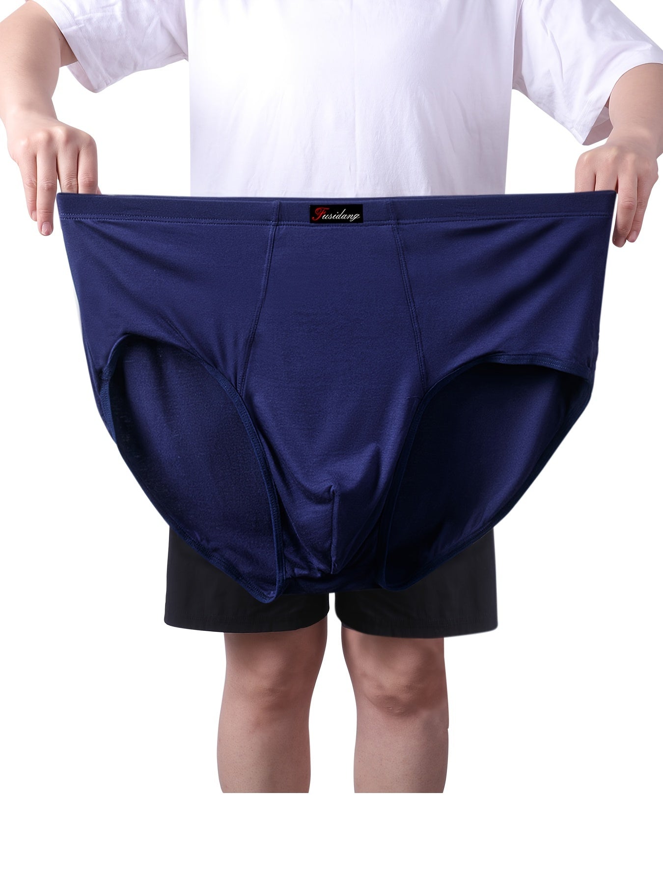 4 fusidang Men's High-Waist Modal Underwear in Navy, Black, Light Blue, and Dark Gray - Plus Size, Stretchy Briefs for Big & Tall, Machine Washable.