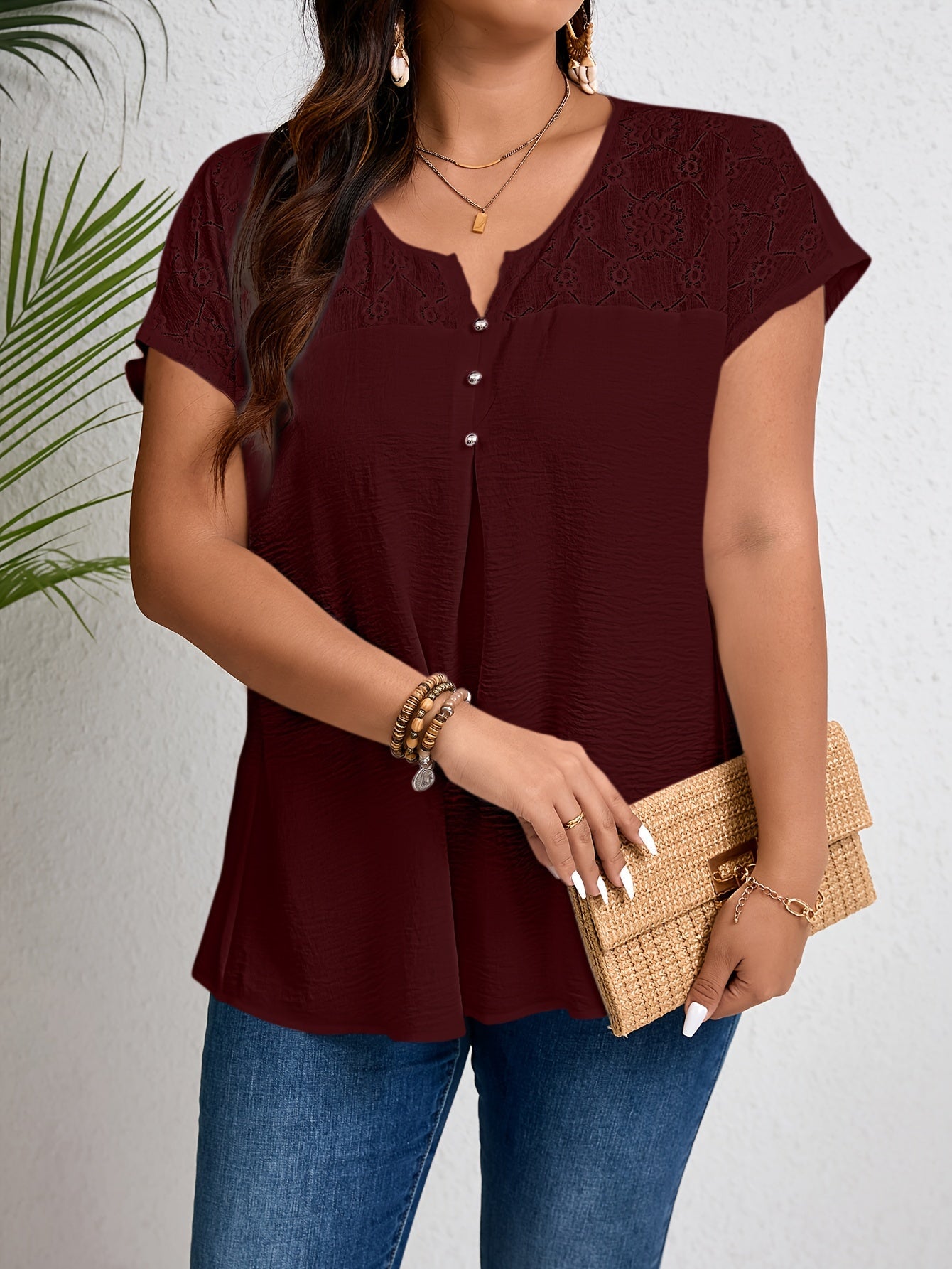 Plus Size Lace Top with Button Details, Short Sleeve Notched Neck, Perfect for Spring & Summer