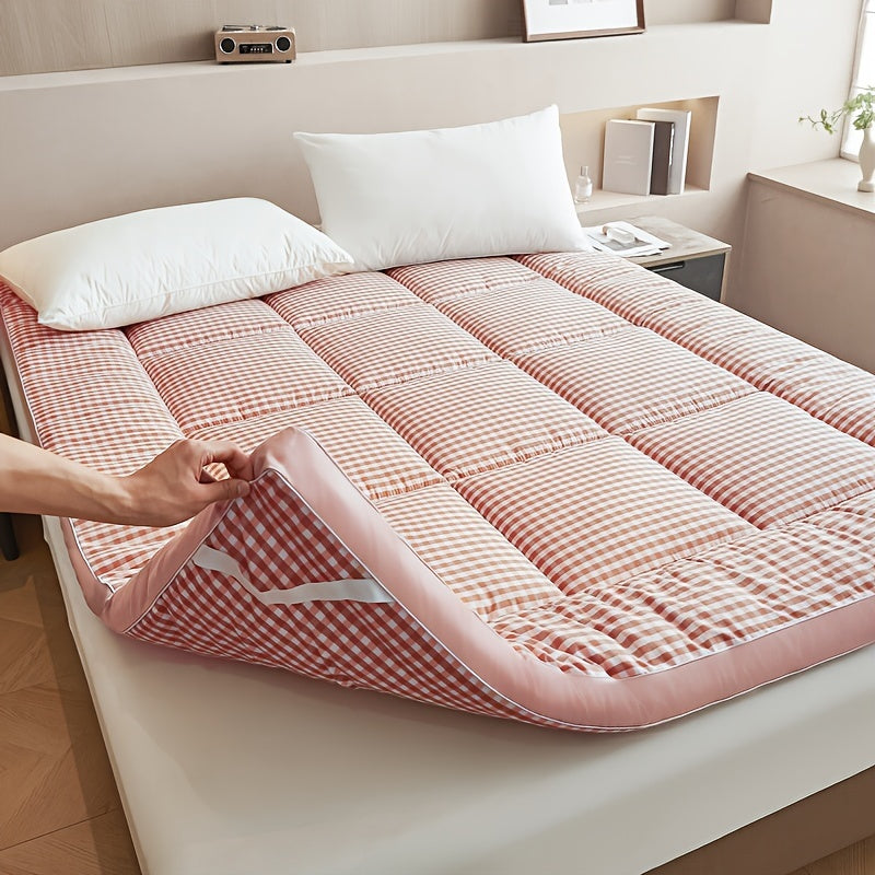 1pc Ultra-Soft Quilted Mattress Topper with Gingham Pattern, Polyester Fill, Elastic Fit for Bed Skirts 15.24-55.88cm, Machine Washable - Ideal for Bedroom, Guest Room, Dorm, Full Size