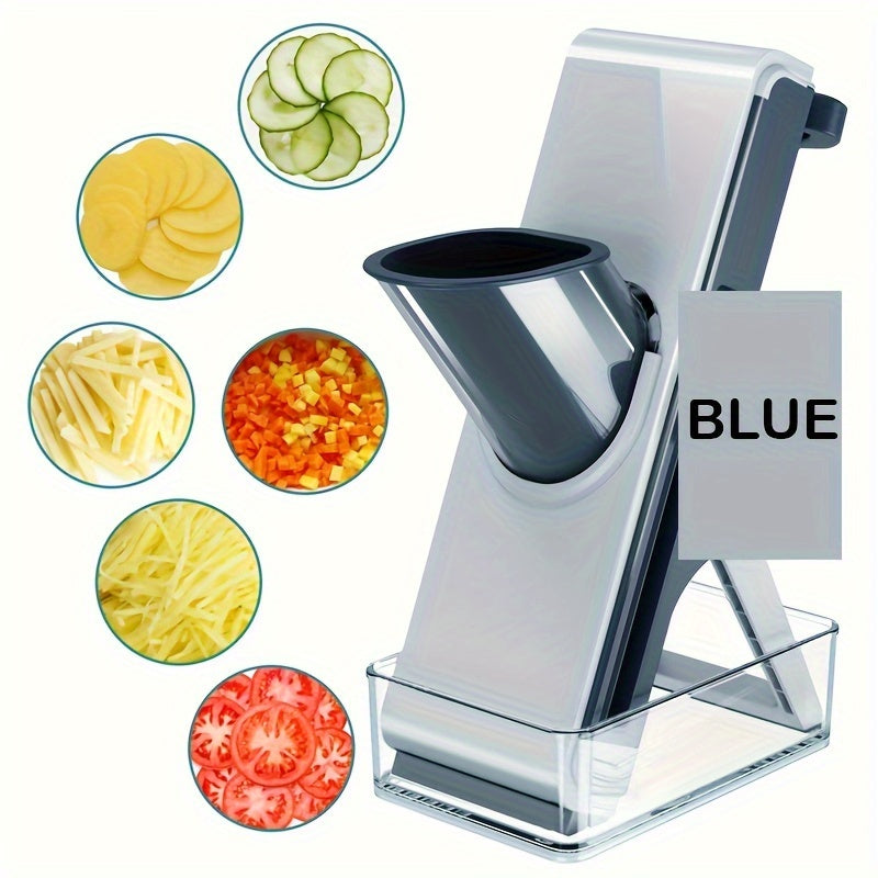 A versatile kitchen tool, the vertical mandoline slicer comes with three interchangeable blades for adjustable slicing thickness. This slicer also includes a convenient container for easy storage of sliced fruits and vegetables. Designed for cutting a