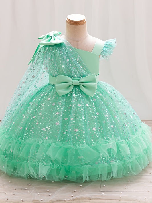 Princess dress for girls with one-shoulder ruffle sleeves, sparkling sequins, and a fluffy design, ideal for weddings, birthdays, and parties.