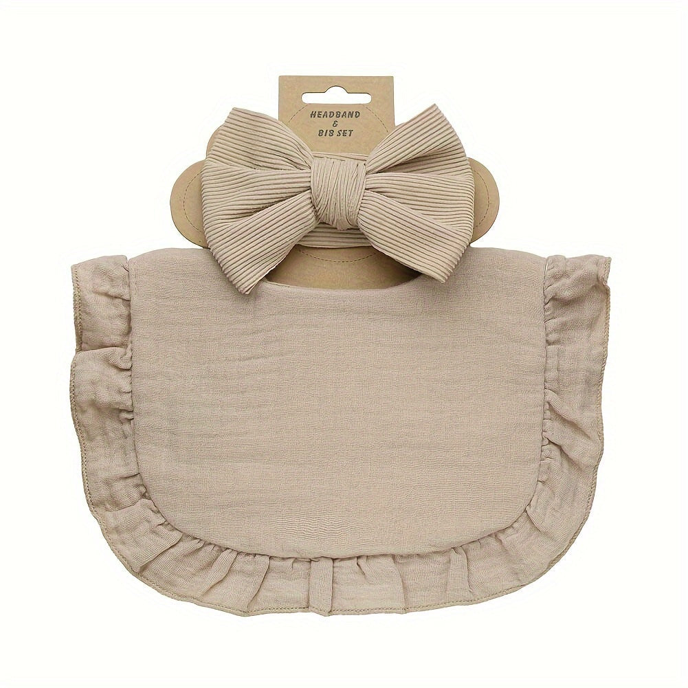 Set of 2 includes a lotus leaf bib and an elastic bow headband. The set also includes a plain color soft bib with snap button closure.