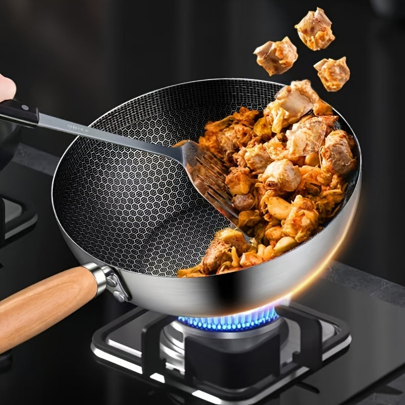 Stainless Steel Chef's Pan with Honeycomb Non-Stick Coating, 20cm Mini Wok with Wood Handle - Ideal for Home Kitchen or Restaurant Cooking, Compatible with All Stovetops