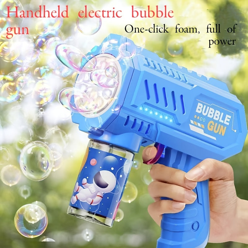 1pc Electric Bubble Gun for kids with LED lights, refillable solution, perfect for parties.