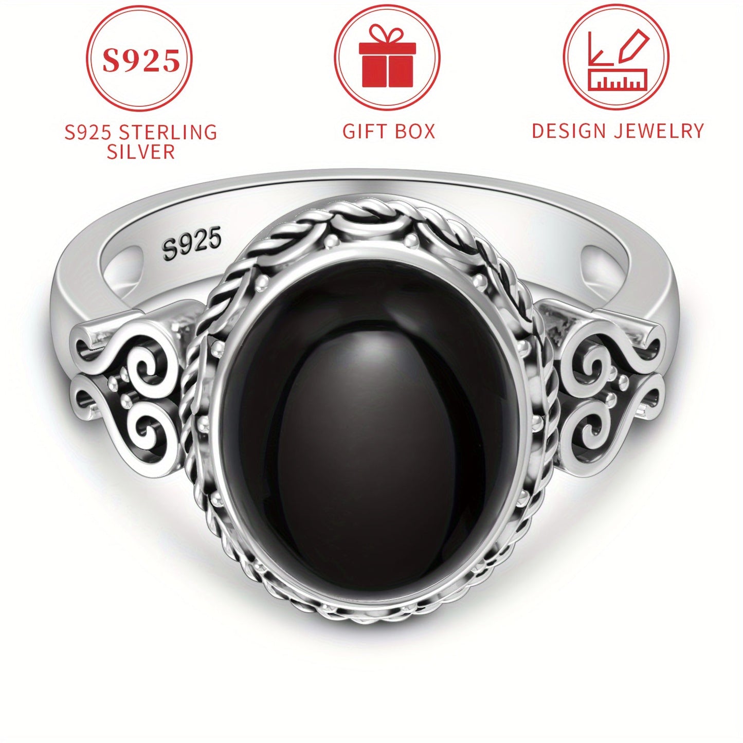 A beautiful S925 sterling silver ring featuring a black agate stone, perfect for women. Hypoallergenic and nickel-free, this ring showcases a heart vine pattern in a Victorian vintage style. Crafted with high-quality materials, it is suitable for daily