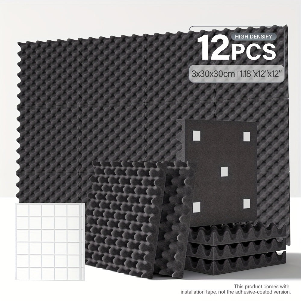 12-pack acoustic foam panels for music studio with high-density soundproofing foam tiles in egg crate design, suitable for walls, doors, and ceilings in black, white, and grey.