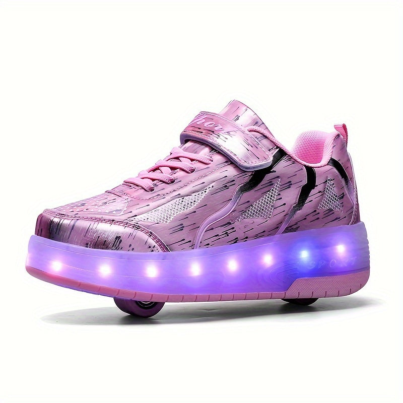 Pink LED light-up roller skates for girls with rechargeable batteries, adjustable brightness, star pattern, double wheels, and hook-and-loop fastener closure, suitable for all seasons.