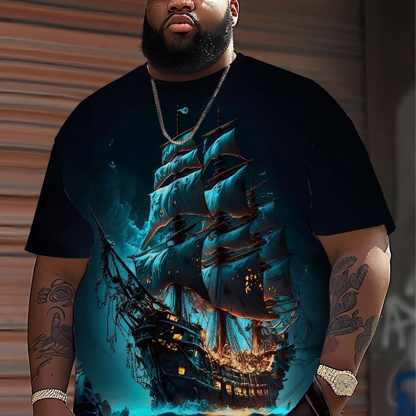 Men's pirate ship print t-shirt made of polyester knit fabric with slight stretch, featuring casual street style and regular fit for daily wear in plus size.