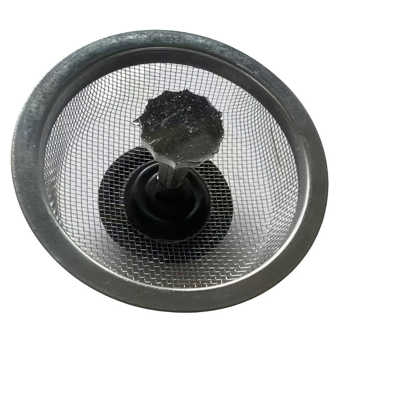 Stainless steel sink strainer for kitchen and bathroom, with 8.13cm and 5.33cm mesh sizes to prevent clogging.