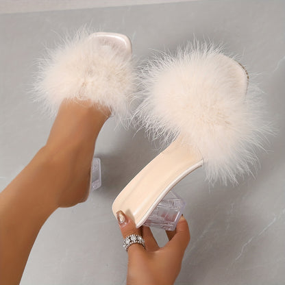 Chunky heel sandals with faux fur decor and square toe design for summer dressy looks.