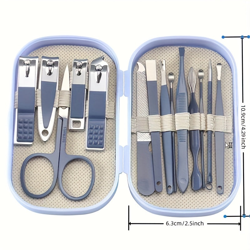 A 14-piece stainless steel manicure and pedicure set with modern concave edge nail clippers and grooming tools, including a portable storage box. A unisex odorless nail care kit.