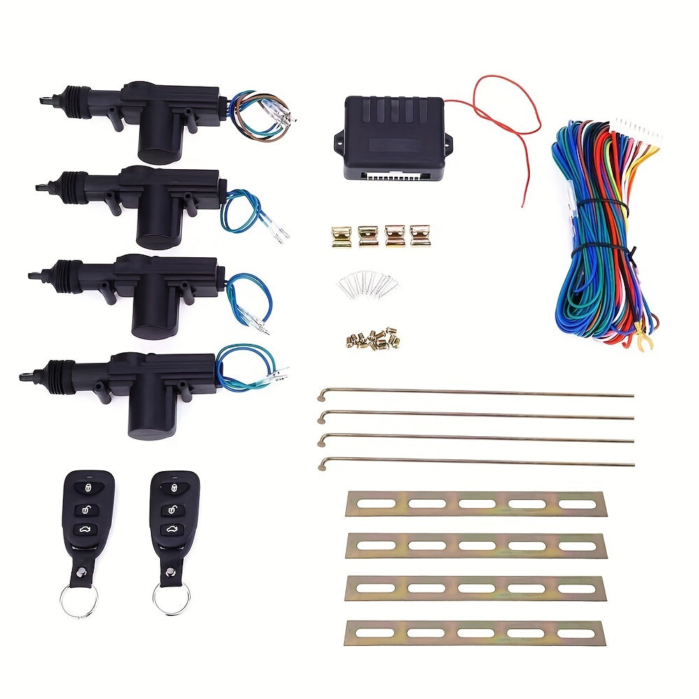 Universal keyless entry car door lock kit with remote control, central locking system, trunk release, ABS material, non-rechargeable button battery, ≤36V operating voltage.