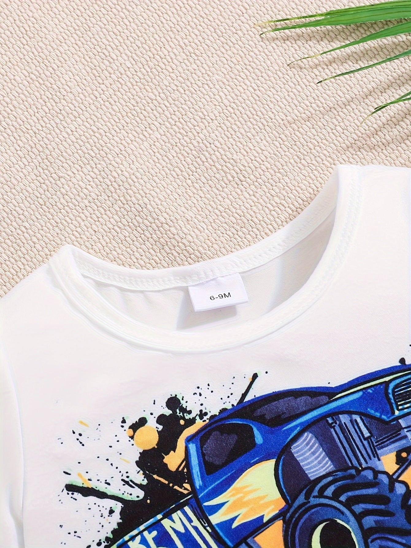 Boys' Off-road Car Print T-shirt + Denim Print Shorts Set for Outdoor Fun.