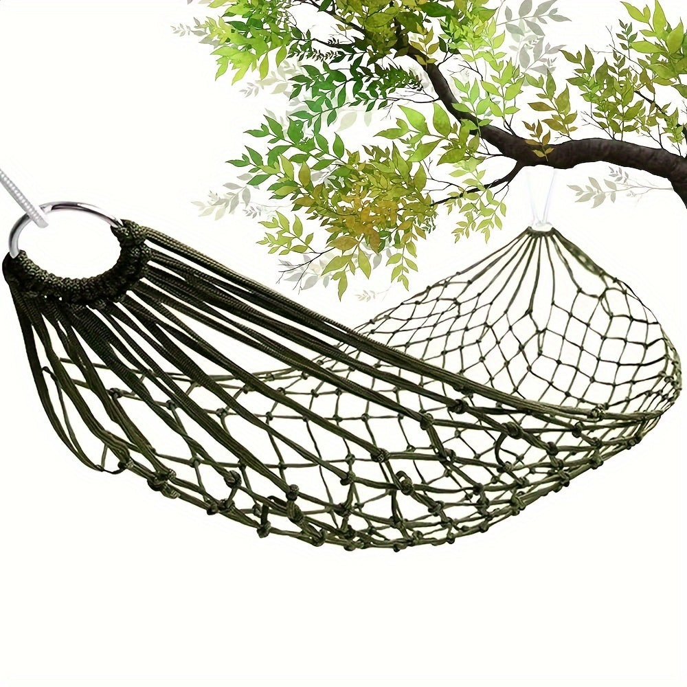 Portable hammock net with nylon rope and hooks, ideal for outdoor activities like camping, beach outings, and travel. Suitable for use in gardens, courtyards, and other outdoor spaces.