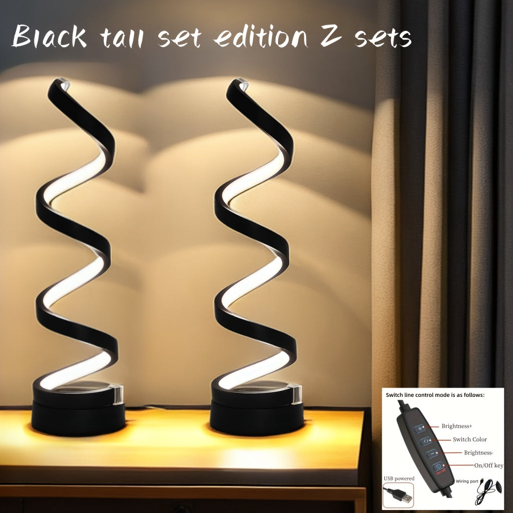 Modern spiral table lamp with adjustable lighting, USB power, ideal for bedroom, study, living room, or gifting.