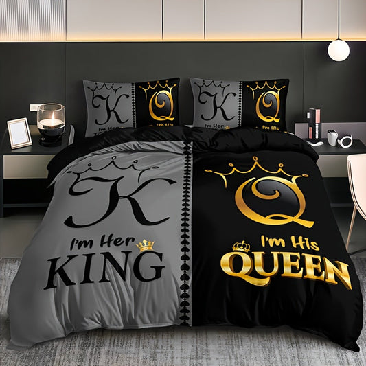 3-piece polyester bedding set with digital print featuring king and queen crown motifs. Includes 1 comforter cover and 2 pillow shams. Machine washable with breathable fabric for all-season comfort. Makes a cozy bedroom accessory and perfect Christmas