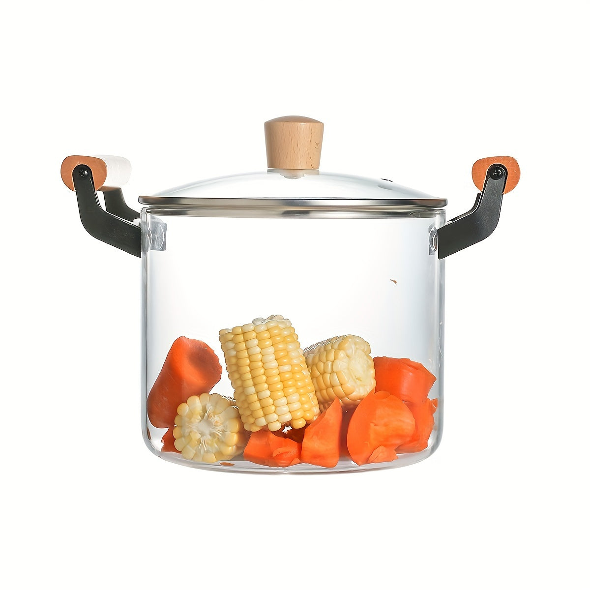 Glass saucepan with lid, 4.5L capacity perfect for noodles, soup, and milk. Made of high borosilicate material with dual wooden handles. Compatible with gas stovetop and features a transparent design for easy cooking. Ideal addition to any kitchen.