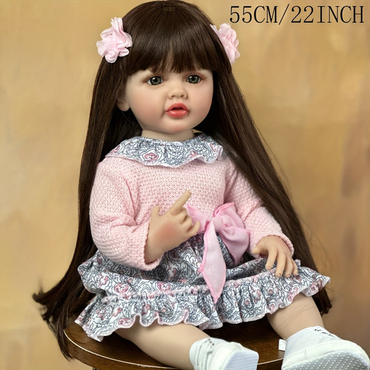 BZDOLL Realistic Reborn Baby Girl Doll with Long Hair, 55 CM, Lifelike, Full Soft Vinyl Body, Perfect Birthday Gift